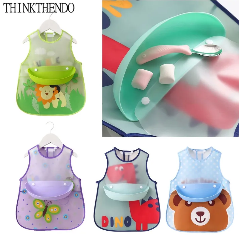 

Baby Adjustable Bibs with Pocket Plastic Waterproof Feeding Smock Cartoon Apron Burp Cloth for Children Infant