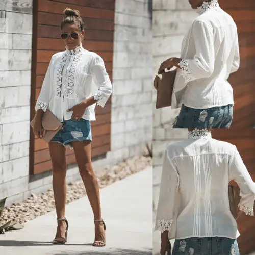 Женская хлопковая блузка с V образным вырезом длинным рукавом и кружевом|Блузки| |