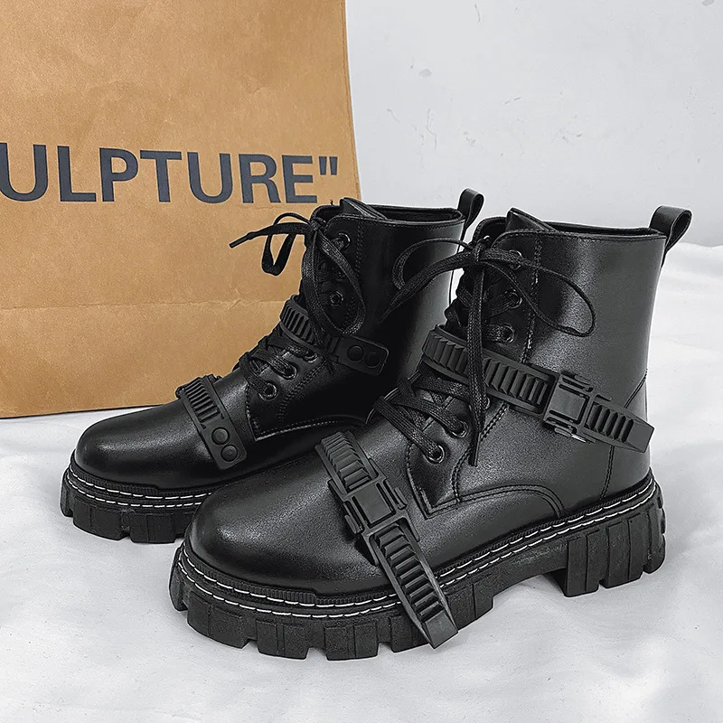 

Мужские кожаные ботинки Martin в британском стиле, мотоциклетные ботильоны на шнуровке, ботинки на платформе, модная уличная одежда, мужские б...