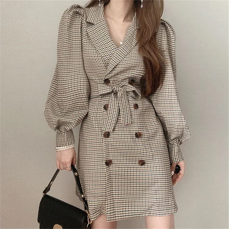 

New Spring Girls Dress Women Plaid Cotton Long Sleeve Dresses Female Dress Womens Vintage Party Boho Robe Femme Vestido Autumn