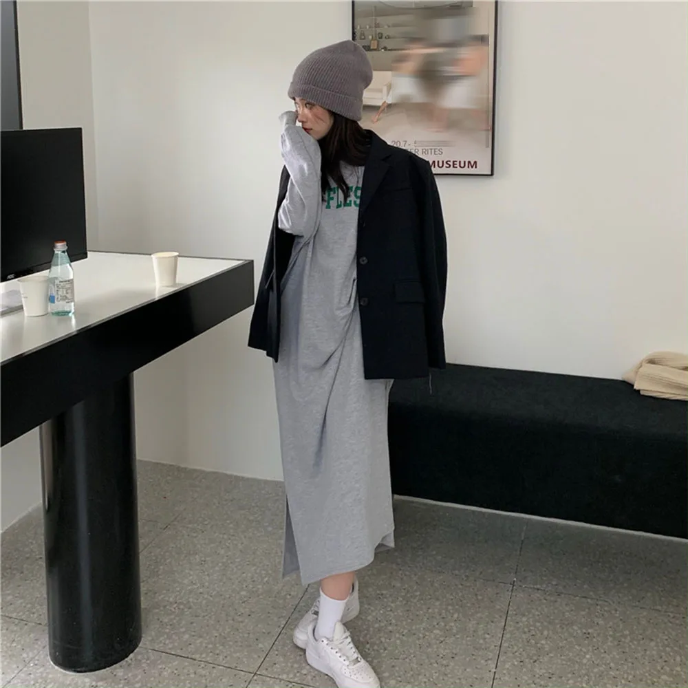 

Japanese Korean Version Women's Dress Casual Fashion Thin Loose Solid Color Letter Printing Round Neck Long Sleeve