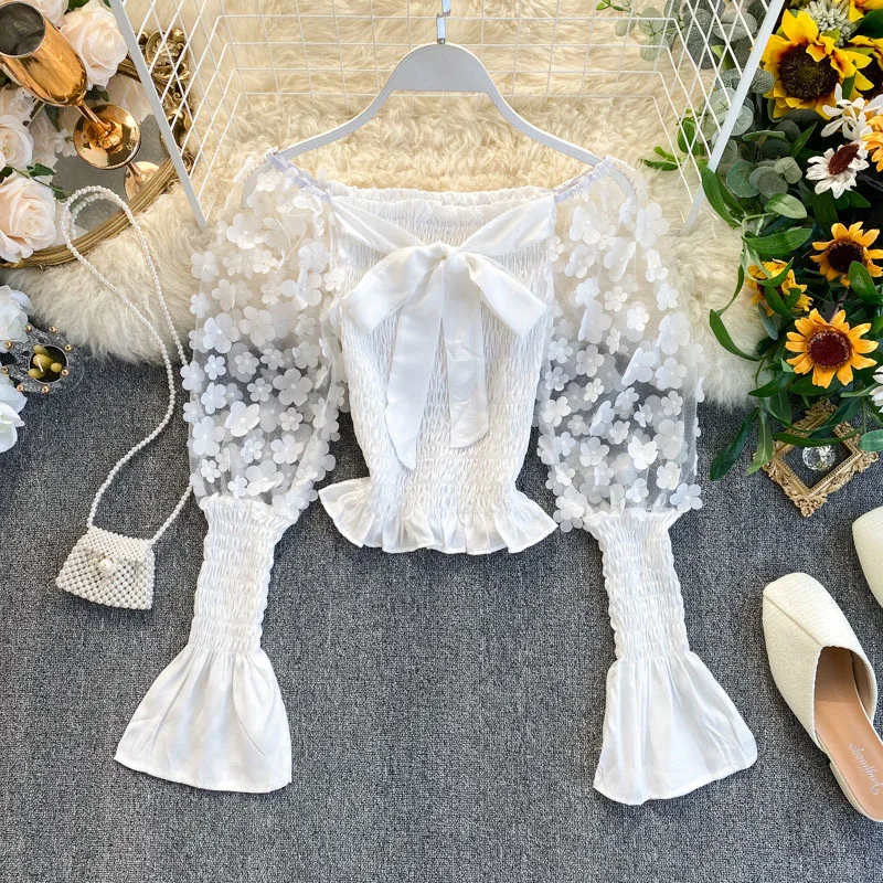 

2021 Elegant Spring Summer Women Short Shirt Sweet 3D Flower Appliques Mesh Crop Tops Slash Neck Puff Long Sleeve Ladies Blouse