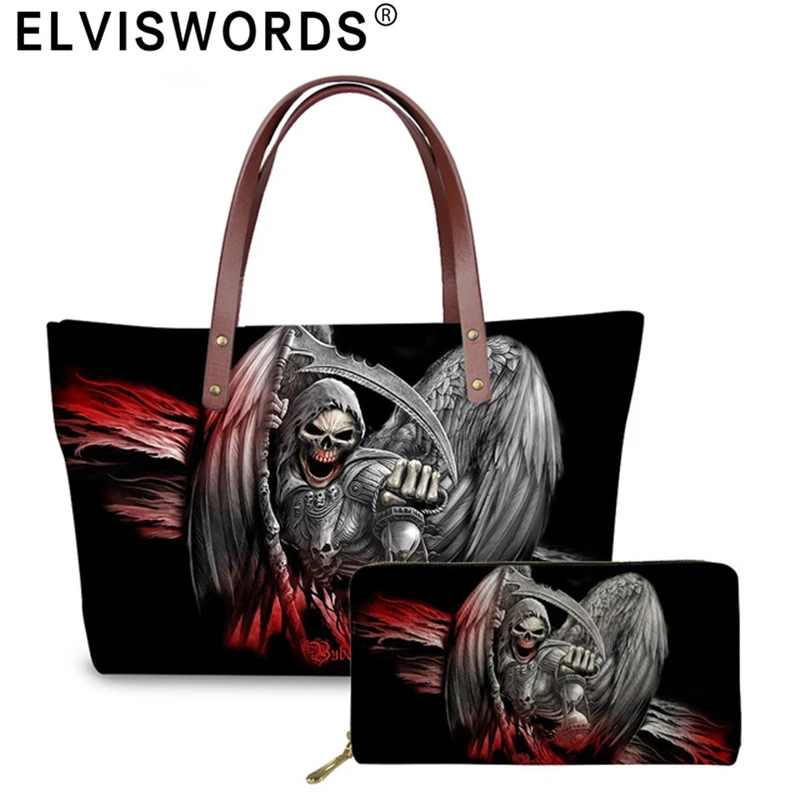 ELVISWORDS Women Handbag$Purse set Skull Pattern Ladies Shoulder Bags Female Top-Handle Gothic Bag Sac a Main Femme Bolsa Mujer