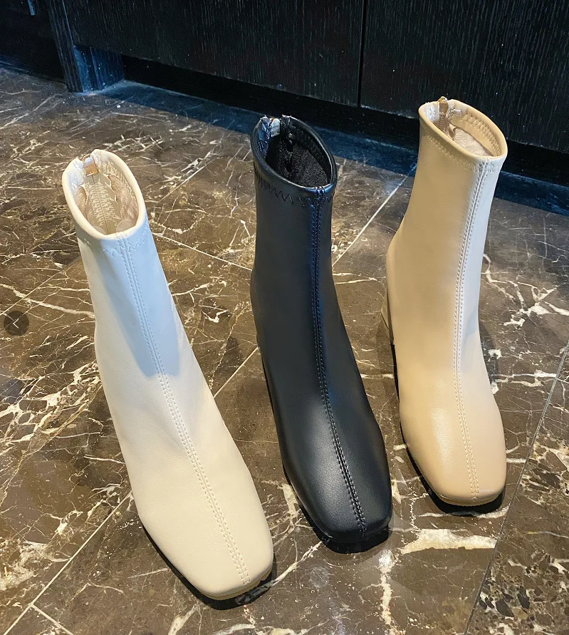 

Женские ботинки на молнии, роскошная дизайнерская зимняя обувь на высоком каблуке, женские резиновые ботильоны с квадратным носком, новинк...