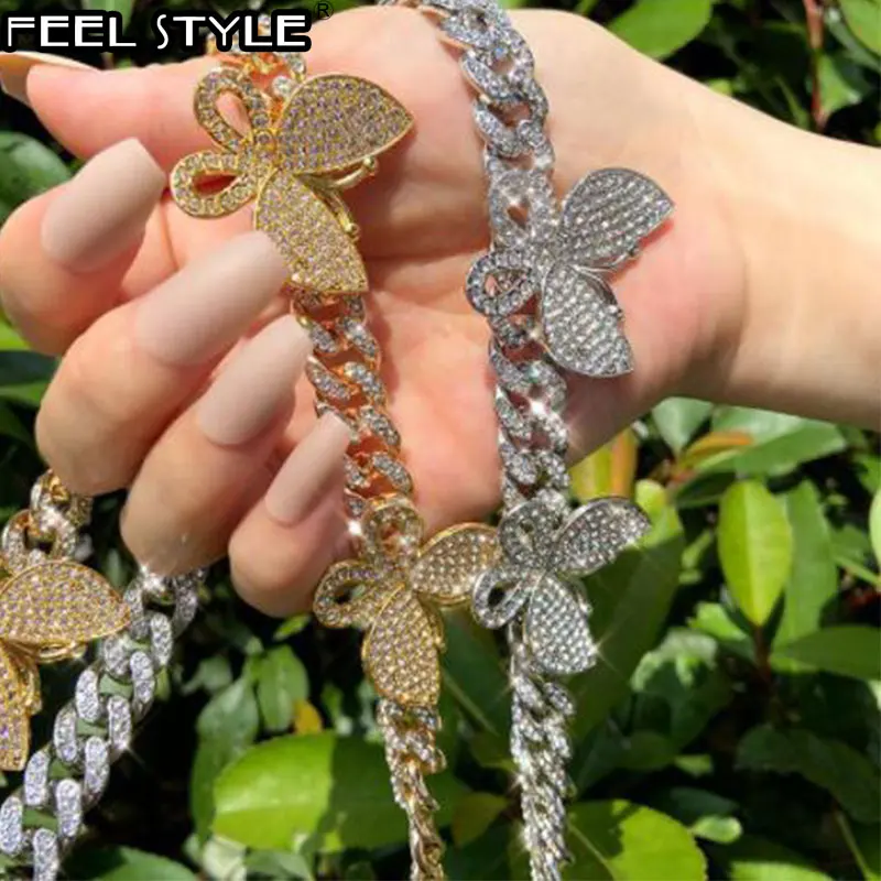

Hip Hop 13MM Iced Out Paved Rhinestones 1Set Miami Curb Butterfly Cuban Chain CZ Bling Rapper Necklace Bracelet For Men Jewelry
