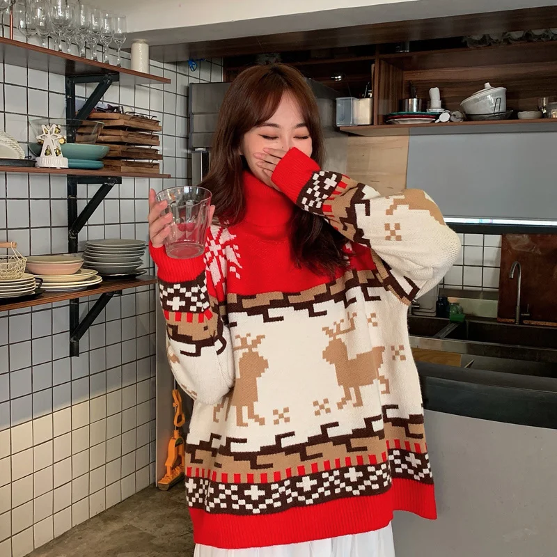 

Christmas Red Sweater for Women Ins Trendy Autumn and Winter 2021 Korean Style Loose Outer Wear Idle Style Turtleneck Very Fairy