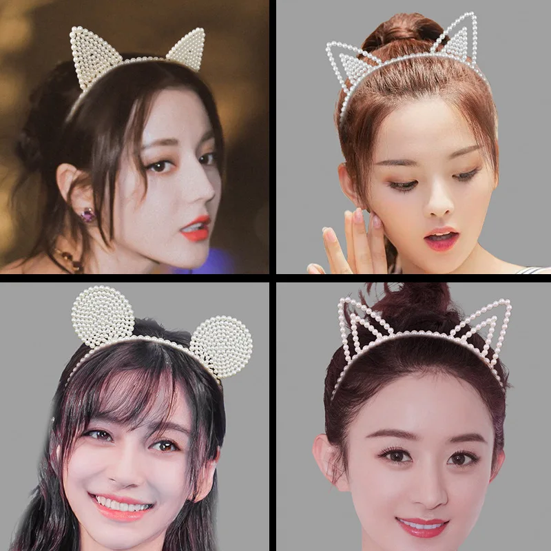 Акция! Повязка на голову с кошачьими ушками симпатичная белая Жемчужная