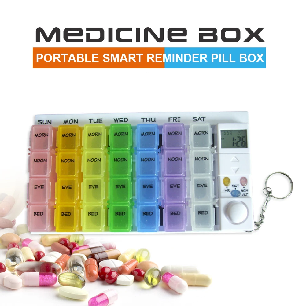 

7 Days Pill Box Medicine Pill Case Organizer LED Timer Reminder 28 Grids Weekly Tablets Storage Pill Dispenser Alarm Clock