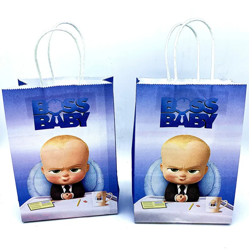 Paper bag 12pcs Набор одноразовой посуды Baby Boss для маленьких мальчиков, 1 день рождения, Декор, принадлежности для салфеток, тарелка, чашка, попкорн, коробка, скатерть, сувениры - Цвет: Paper bag 12pcs