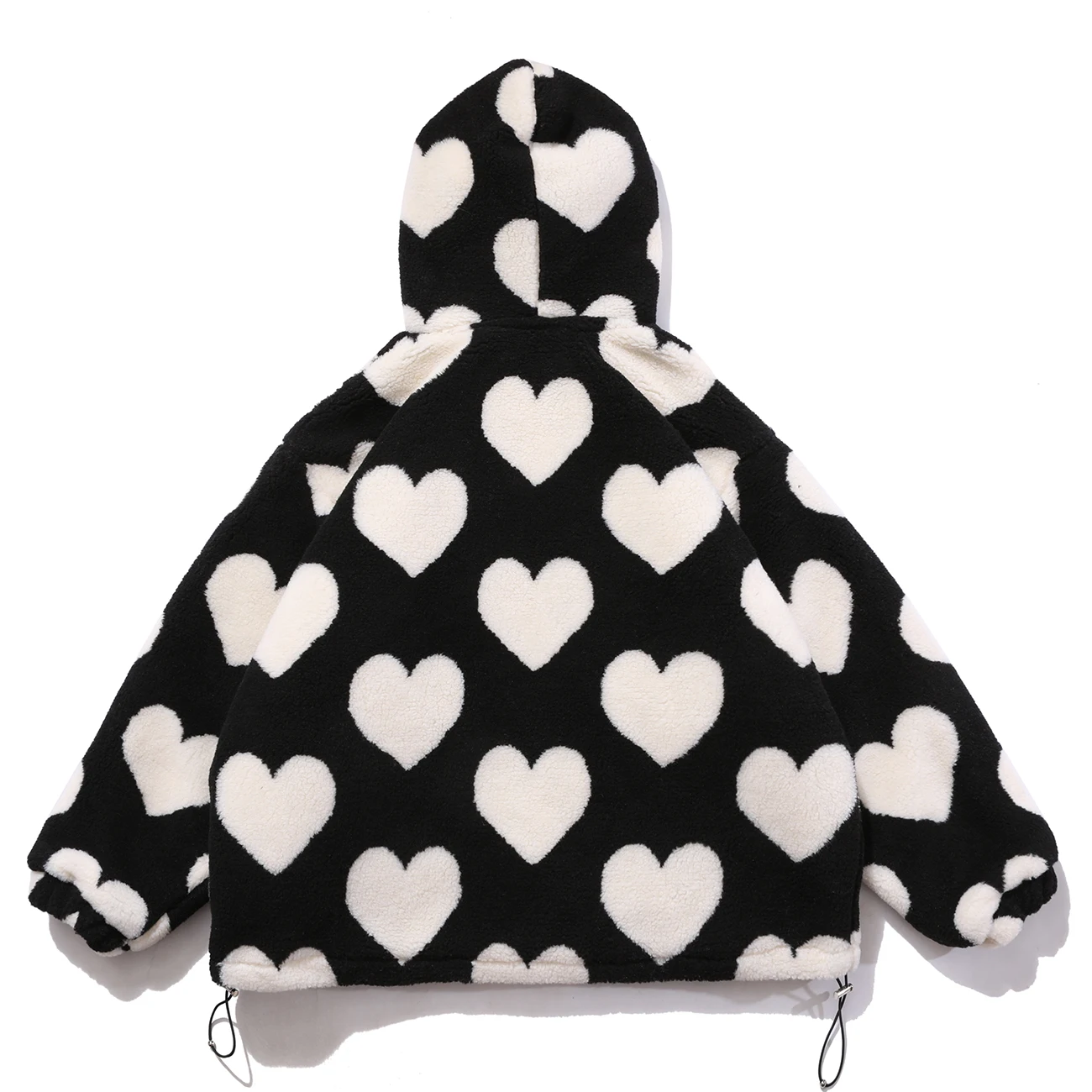 

Heart Print Jacket Women for Valentine's Day Winter Zipper Hooded Flannel Parka Harajuku Lambswool Sherpa Streetwear Couple Coat