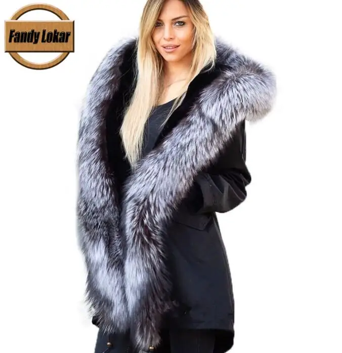 FLFP10281black silve Fandy lokar женская зимняя водонепроницаемая куртка из натурального Лисьего меха с капюшоном из натурального кроличьего меха, женская меховая куртка с подкладкой - Цвет: FLFP10281black silve