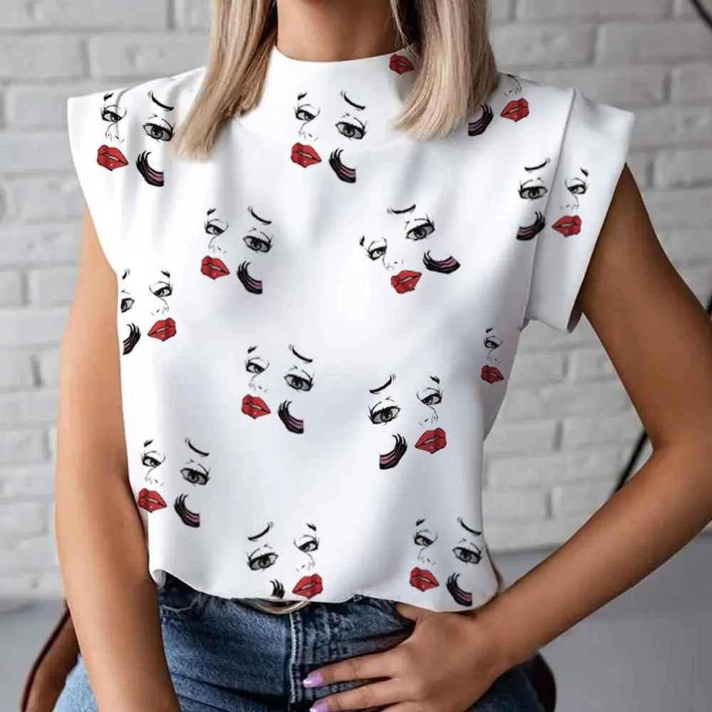 

Puimentiua Printed Women Sleeveless Top White Loose Tank Top Sexy Short Sleeve Women Beach Shirt O-Neck Women T-Shirt