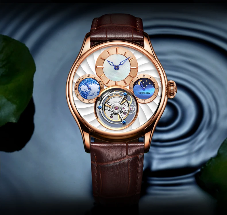 Tourbillon сапфир часы Скелетон Мужские автоматические механические часы Многофункциональный 24-часовой и лунной фазой, Для мужчин часы лучший бренд класса люкс