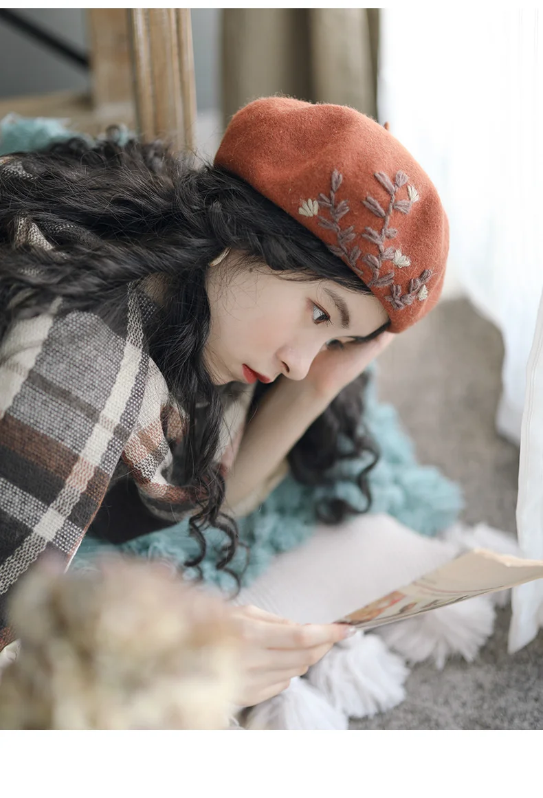 Embroidered Flower Wool Beret Korean Autumn Winter Hats For Women Ladies Painter Cap Vintage Bonnet Beanie Chapeau Femme | Аксессуары