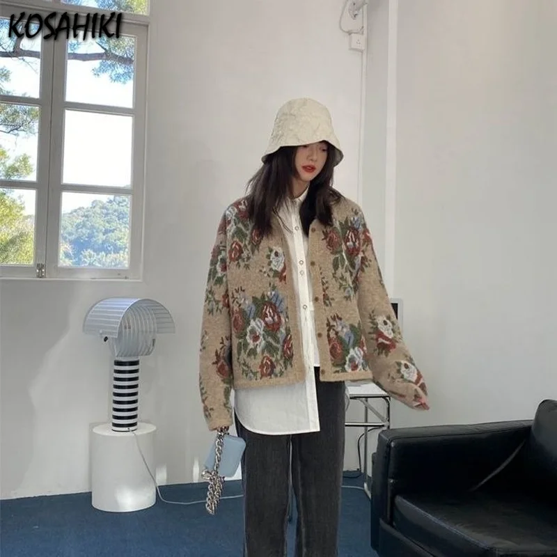 

KOSAHIKI Knit Cardigan Women Fashion Floral Sweater Coat Outwear 2021 Autumn Winter Harajuku Korean Sweaters Female Jumper
