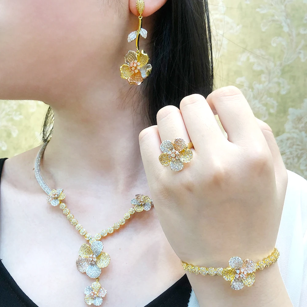 

KellyBola милые романтические цветы ожерелье браслет серьги кольцо 4 шт. кубический цирконий Свадебные благородные модные ювелирные наборы