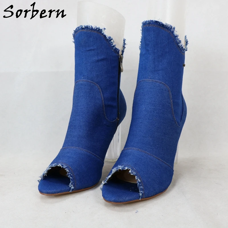 Sorbern Blue Demin Ankle Boots Women Chunky High Heels Open Toe Transparent Heels Female Shoes Custom Plus Size 15 Block Heel