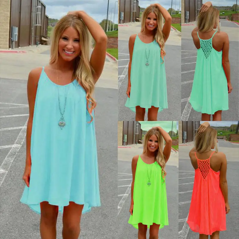 

Женское шифоновое пляжное короткое платье на бретелях-спагетти