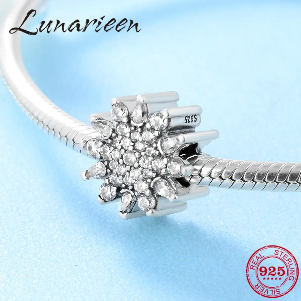 Новые Серебряные Бусины Очаровательной Подвеской Снежинки с Блестящим Цирконием 925 Пробы Подходят для Оригинального Европейского Браслета для Ювелирного Изготовления.