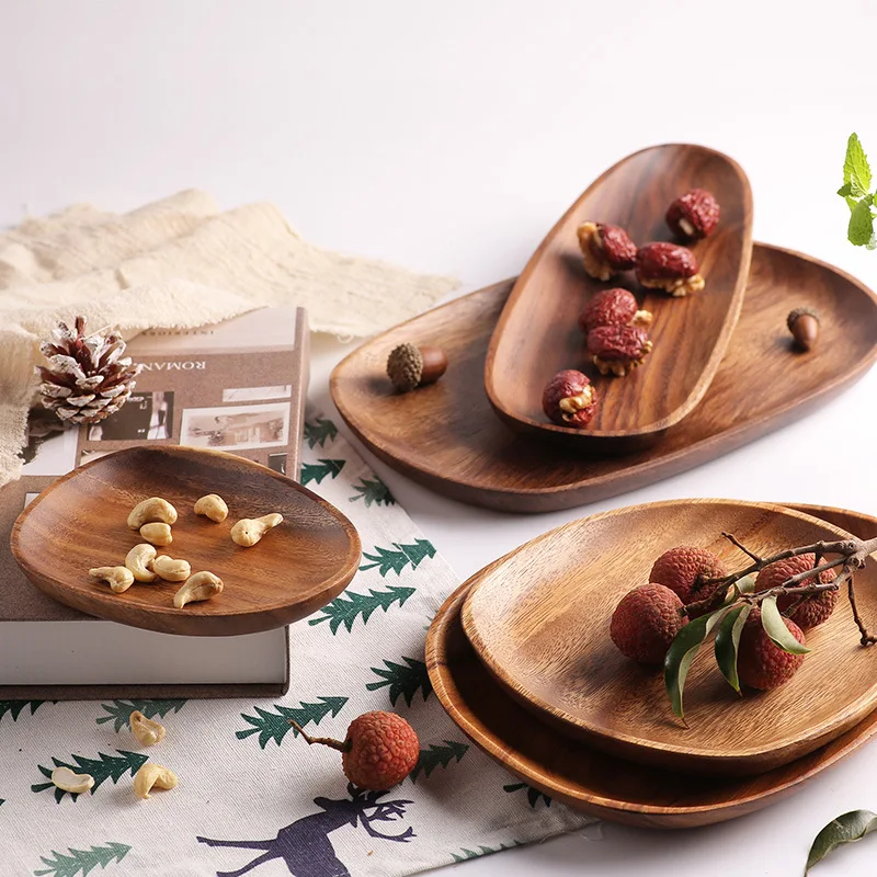 

Irregular Oval Solid Wooden Plate Fruit Dishes Saucer Tea Sushi Serving Platter Dessert Dinner Dish Acacia Wood Dinnerware Set