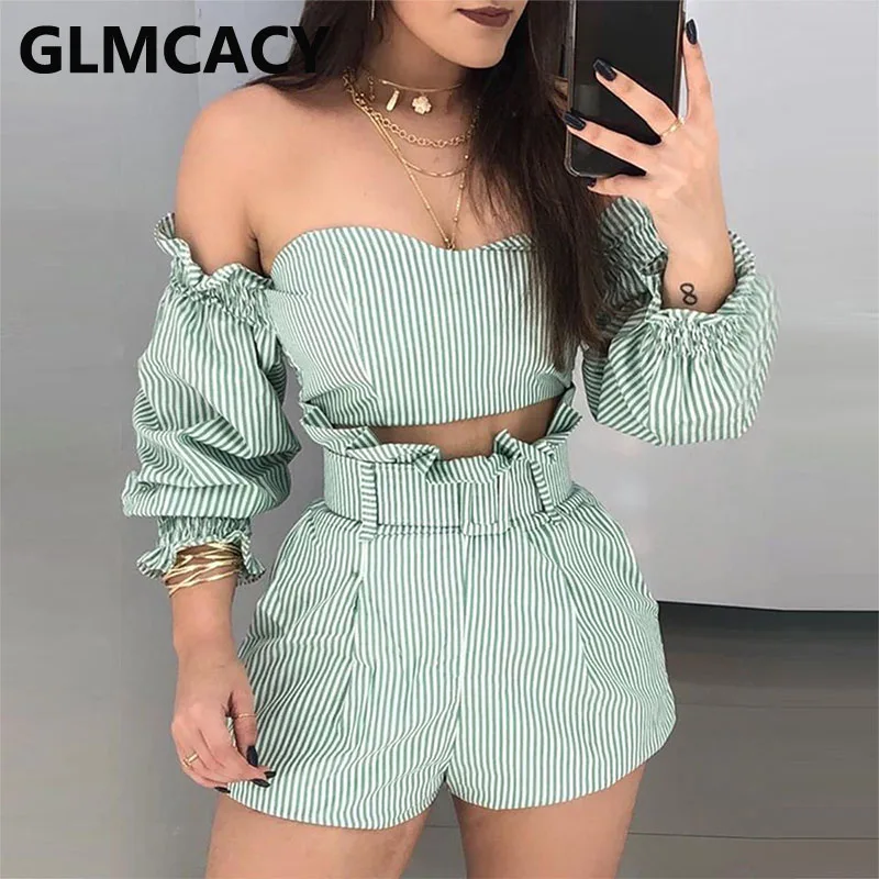 Women Two Piece Striped Suits Long Sleeve Off Shoulder Crop Top and Belted Shorts Set
