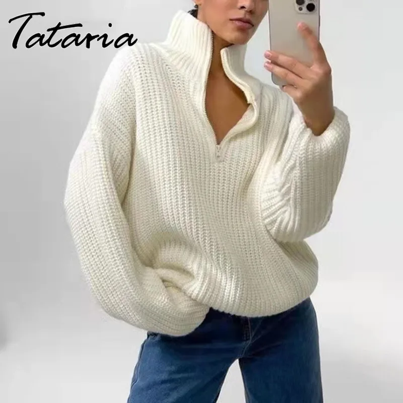 

Женский мягкий толстый свитер на молнии с высоким воротником, зимние свитера большого размера, теплые джемперы, пуловеры, осень 2023, модный Высокий воротник