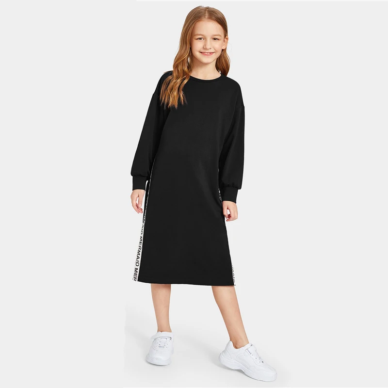 SHEIN/однотонное Повседневное платье-толстовка с контрастными буквами и лентами; коллекция года; весенние прямые платья с длинными рукавами для девочек