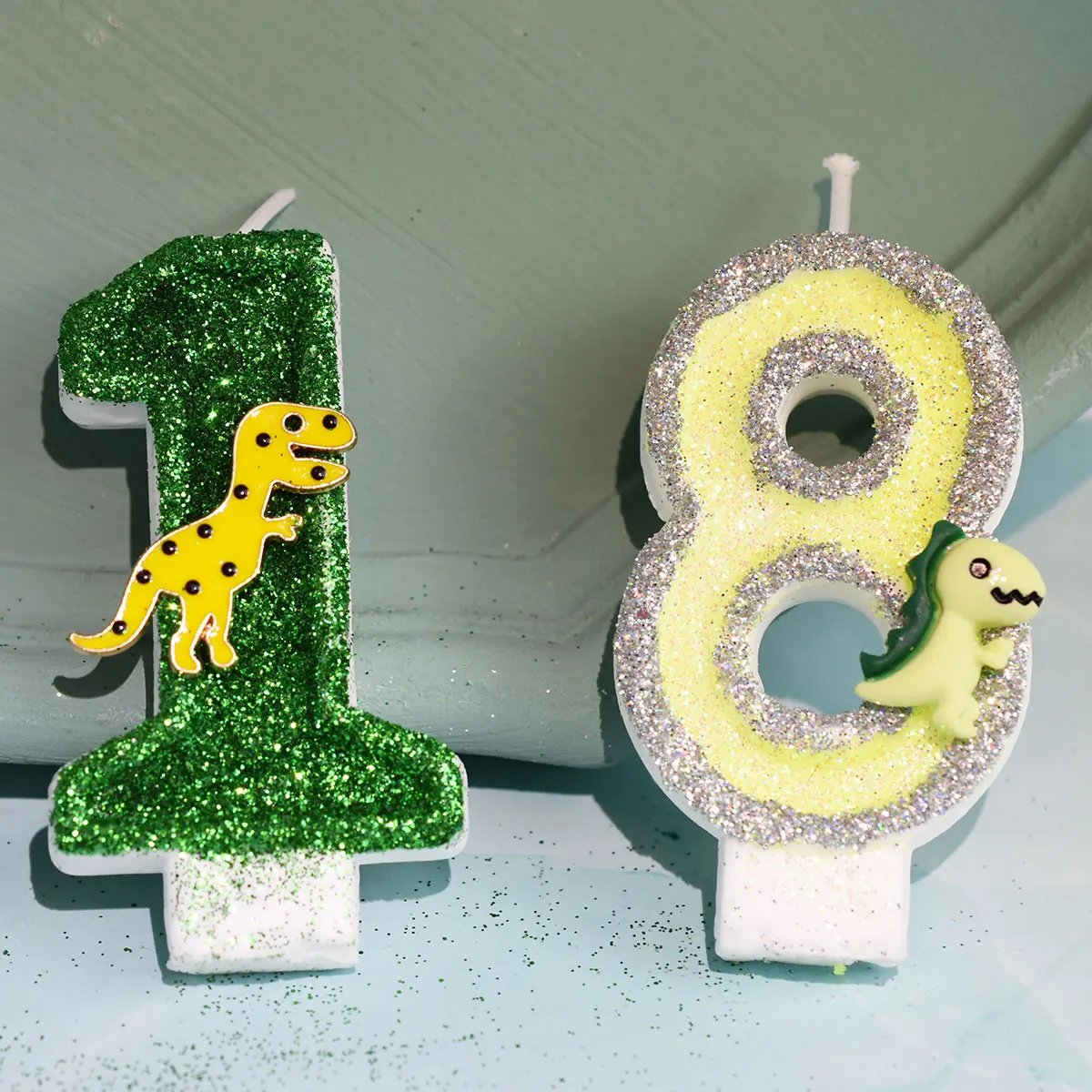 דינוזאור קישוט צהוב ירוק יום הולדת נרות לילדים מספר 0-9 עוגת צילינדר תינוק מקלחת שמח מסיבת אפיית ספקי
