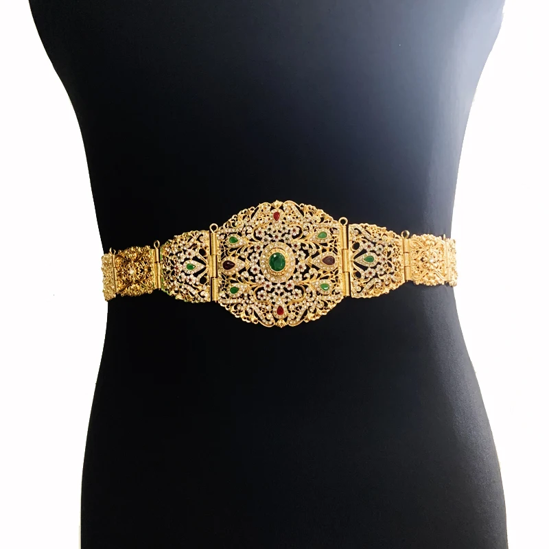 Arabic Women Body Chain In Gold Green and Red Rhinestone Waist Belts for Turkish Abaya Middle East Bridal Body Jewelry