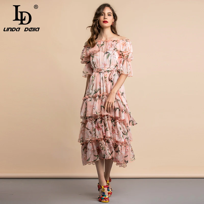 

Женское платье для отпуска LD LINDA DELLA, повседневное праздничное Сетчатое платье миди с цветочным принтом и многослойным подолом, с оборками и ...