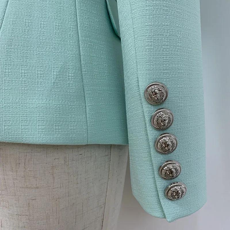 

HIGH STREET Classic Baroque Designer Blazer Jacket Women's Metal Lion Buttons Double Breasted Textured Blazer Mint Green