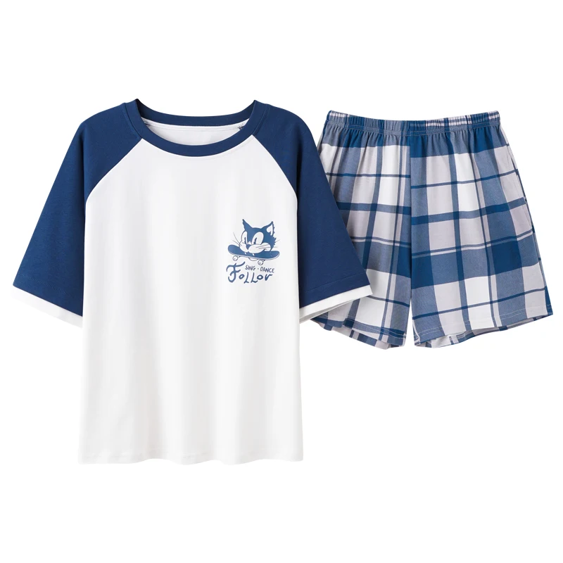 

Women Summer Soft Cotton Nightwear Plus Size Blue Plaid Shorts Men Homewear Couple Sleepwear Kawaii Cartoon Cats Couple Pajamas