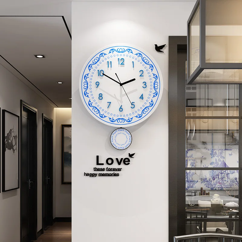 

Chinese Traditional Swing Wall Clock Modern Design Blue White Porcelain Pattern Digital Relol Para Casa Pendulum Clocks B50