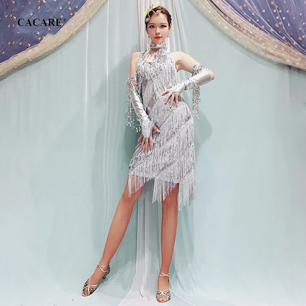 CACARE Fringed Dress Latin Dance Women Samba Salsa Tango D0045 Gold with Sequins Tassels Necklace Gloves | Тематическая одежда и