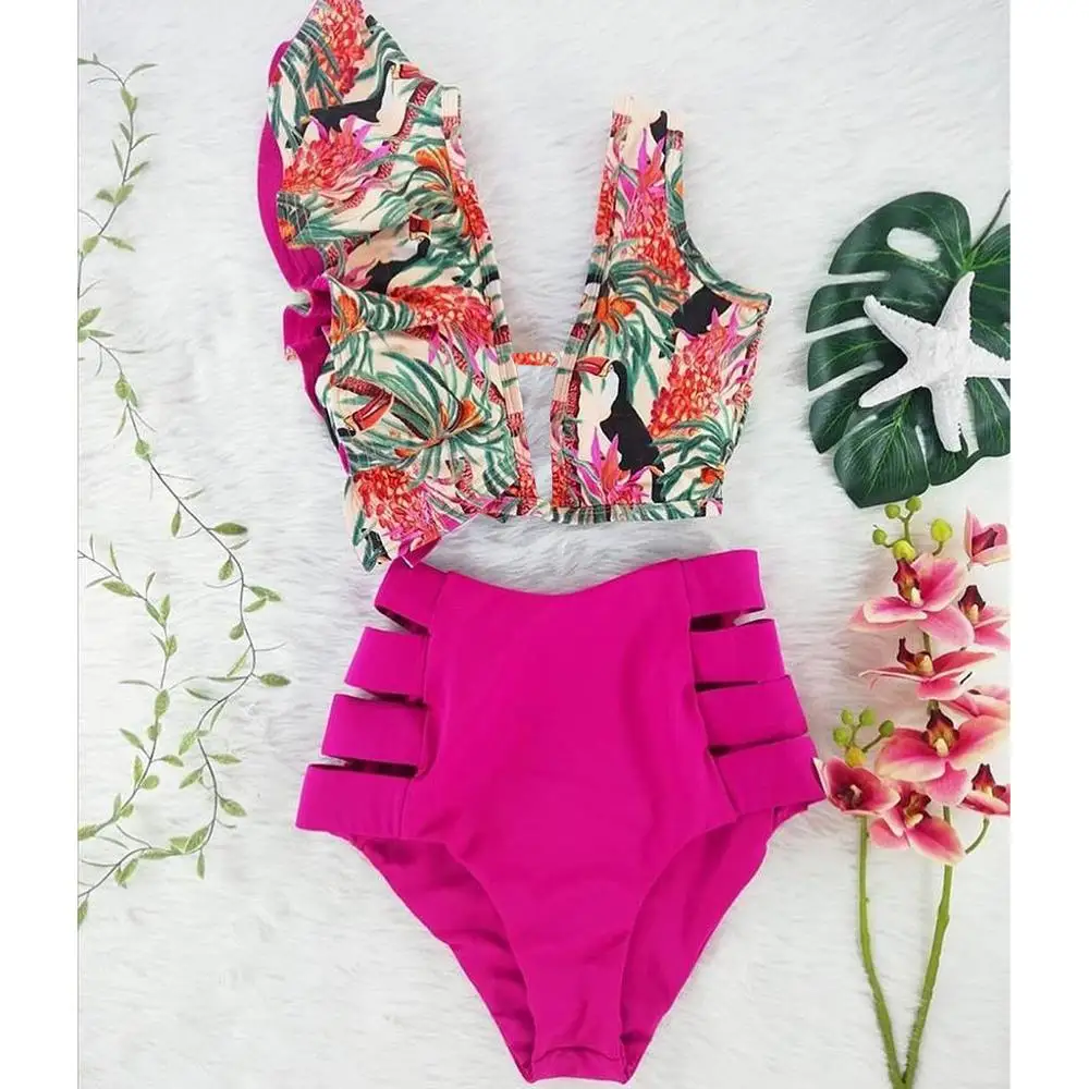 

2021 New Bikini Floral Ruffled Bikini Set Women V-neck High Waist Two Piece Swimsuit Girl Beach Bathing Suit Swimwear Biquinis