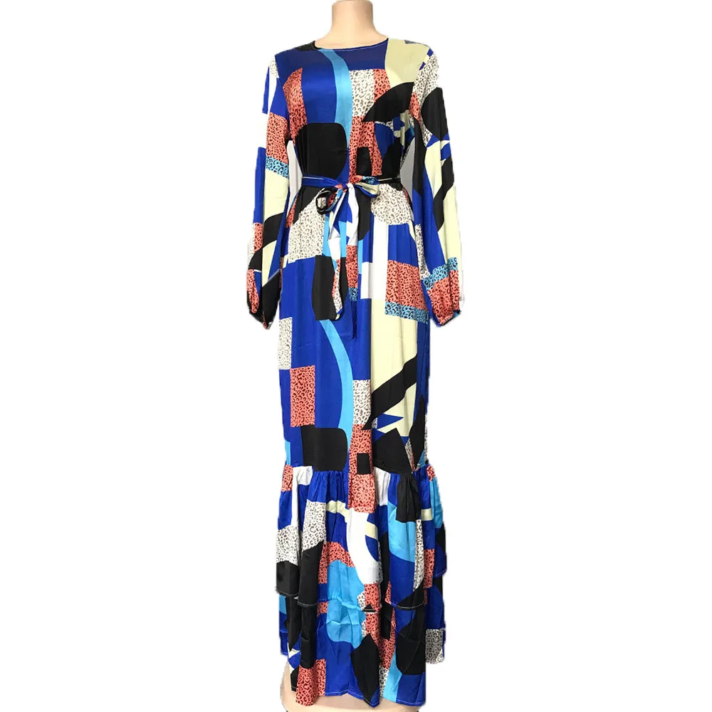 

2021 Autumn New Women's Long Dress Printing Temperament Round Neck Long Sleeve Commute Loose Casual Europe America