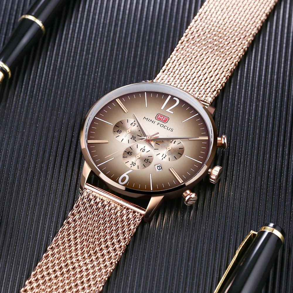 

MINIFOCUS Luxury Men Watches Top Brand Steel Mesh Belt Sports Fashion Multi-Function Military Army Chronograph Quartz Watch