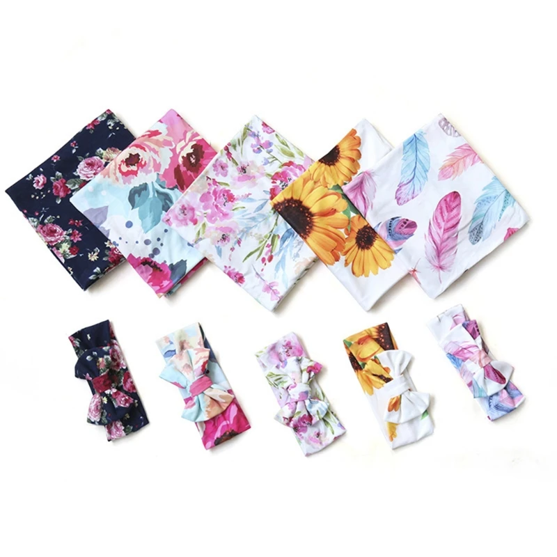 

2pcs Newborn Baby Blanket Sleeping Swaddle Floral Print Muslin Wrap Headband Set for Infant Boys Girls