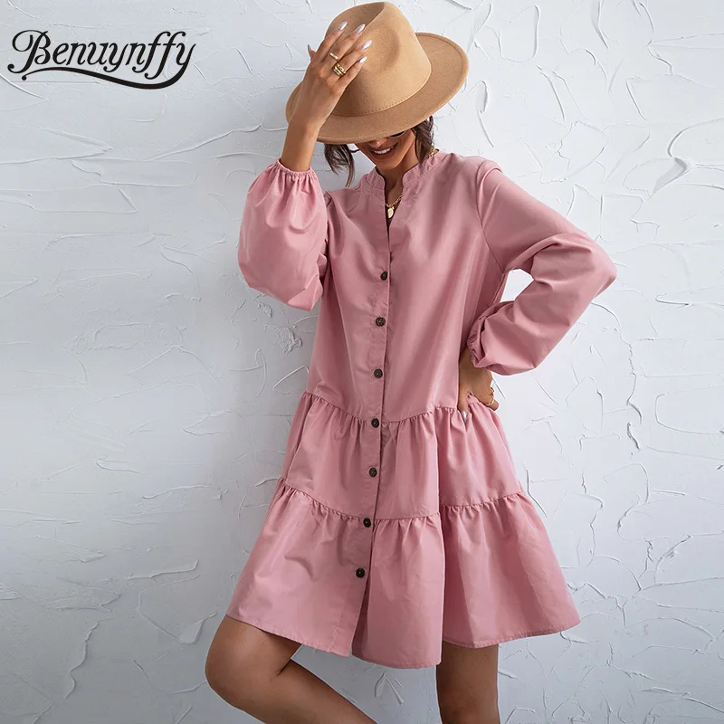 

Benuynffy Notched Neck Solid Ruffle Hem Dresses Women Autumn Casual Loose Long Sleeve Button Mini Dress Without Belt