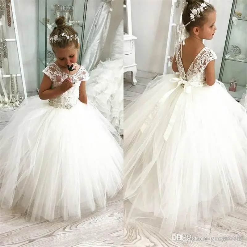 

Gorgeous Toddler Baby Girls White Cap Sleevess Lace Tulle Girls Flower Girl Dresses Girls Wedding Birthday Party Dresses