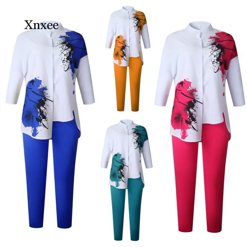 

2 Piece Set Women Slim Solid Pants and 3/4 Sleeve Stand Collar Split Top 2020 Fashion Print Irregular Office Lady Suit Outfits