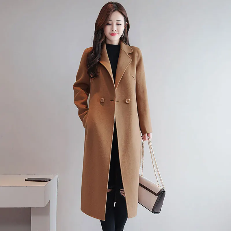 Зимнее элегантное шерстяное пальто женская корейская мода длинная куртка цвета
