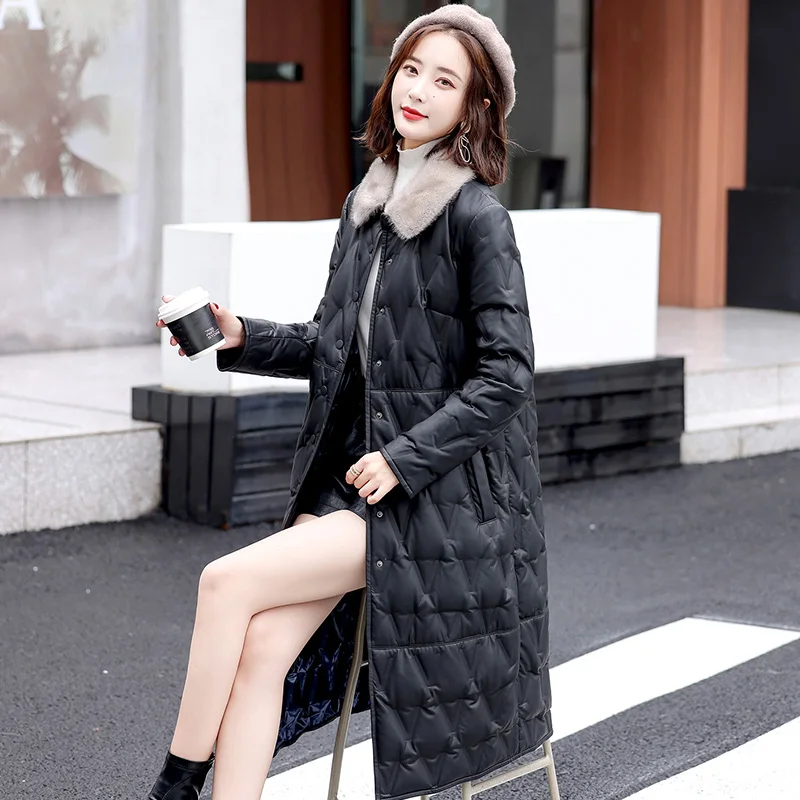 New Women Sheepskin Down Overcoat Autumn Winter 2022 Fashion Warm Mink Fur Collar Loose Leather Down Coat Thick Long Fur Coat
