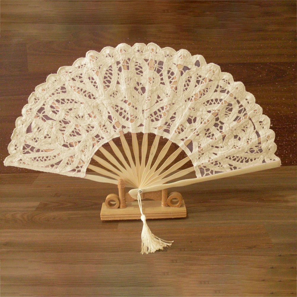 

Chinese Style Decorative Bamboo Fans Lace Fabric Silk Folding Hand Held Dance Fans Flower Party Wedding Prom