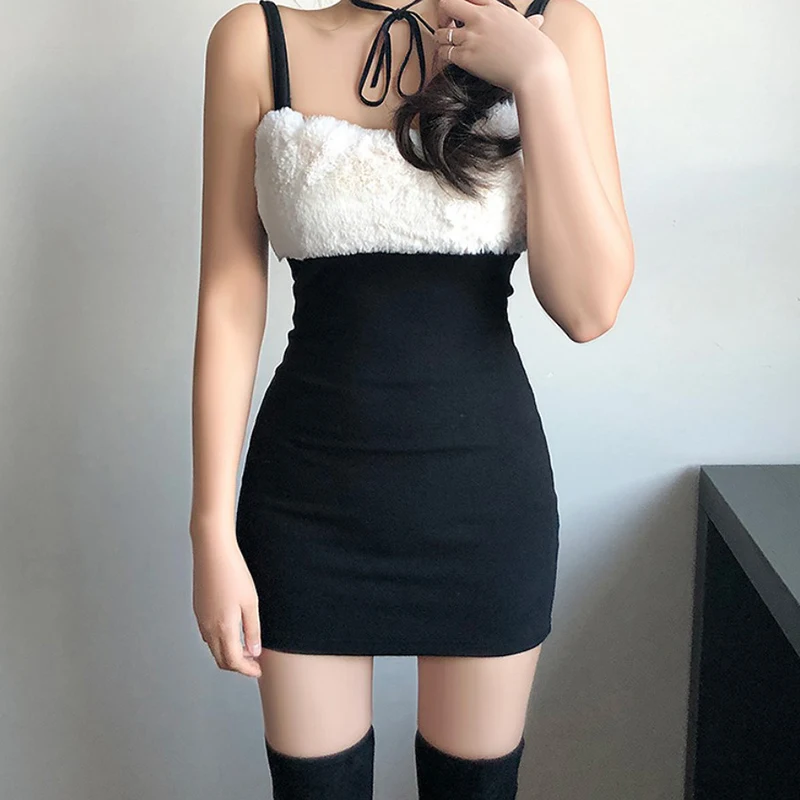 

Hot Girl Sexy Halter Mini Dress Plush Splicing Slash Neck Casual Underskirt Women Night Club Bar Winter 2021 New Women's Dresses
