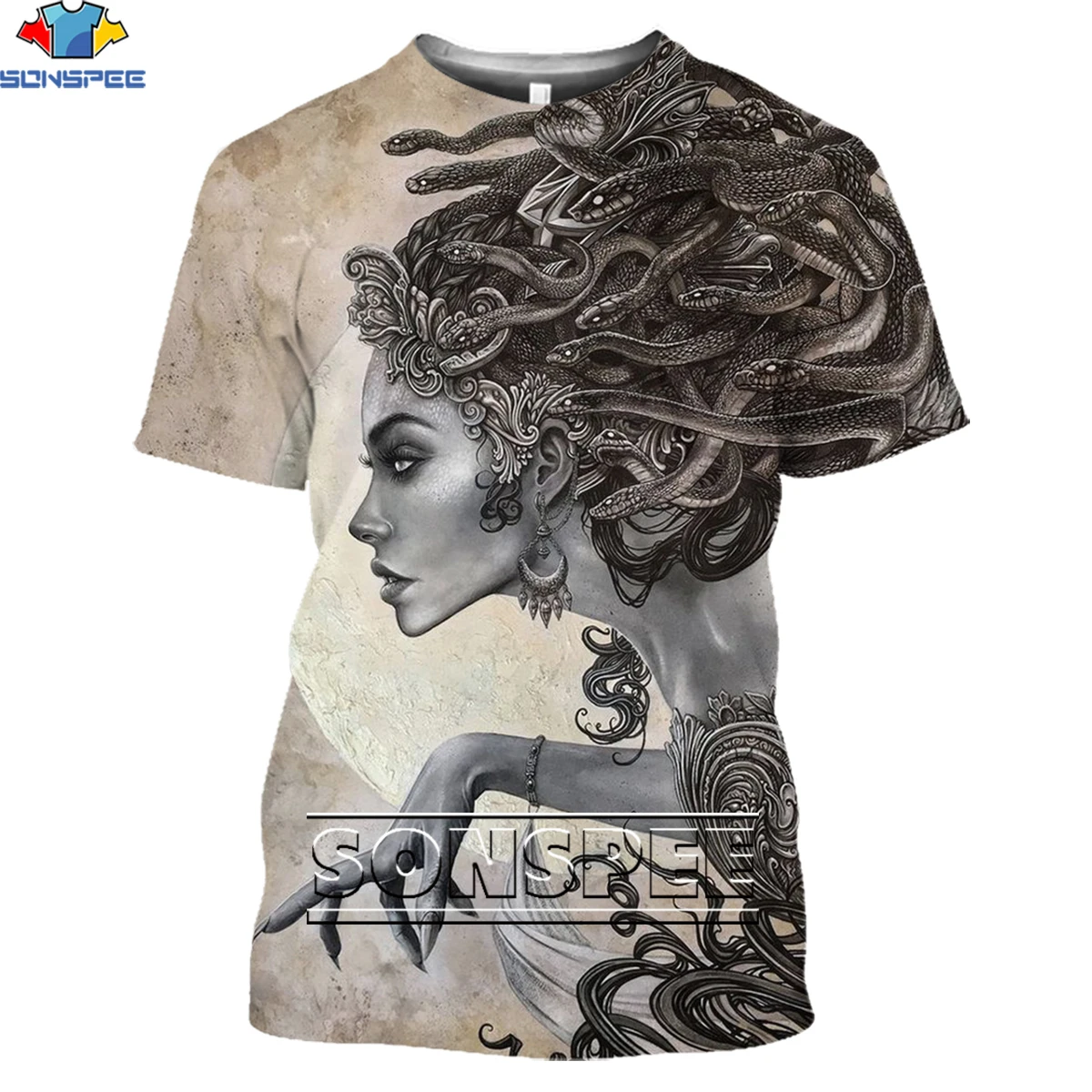 

Футболка SONSPEE с изображением греческой мифологии, змея, девушки, медузы, 3D, для мужчин и женщин, модная уличная одежда в стиле Харадзюку, нефтехимическая футболка с изображением Медузы глаз