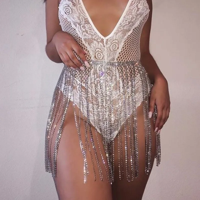 Silver Gold Rhinestone Waist Belt Belly Chain WIde Crystal Fringe Tassel Belts Body Jewelry Summer Beach Party Female Body Chain