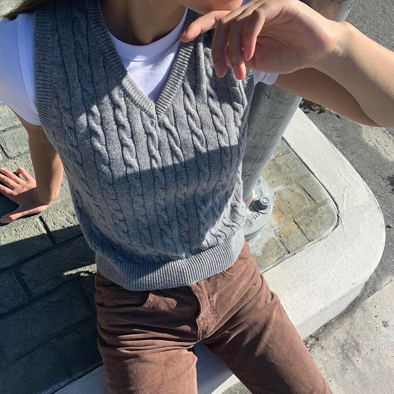 

girl Sweater Vest women jumper V Neck pullover Knitted Vests Women y2k Preppy Style Crop Top Autumn 2020 solid outfit
