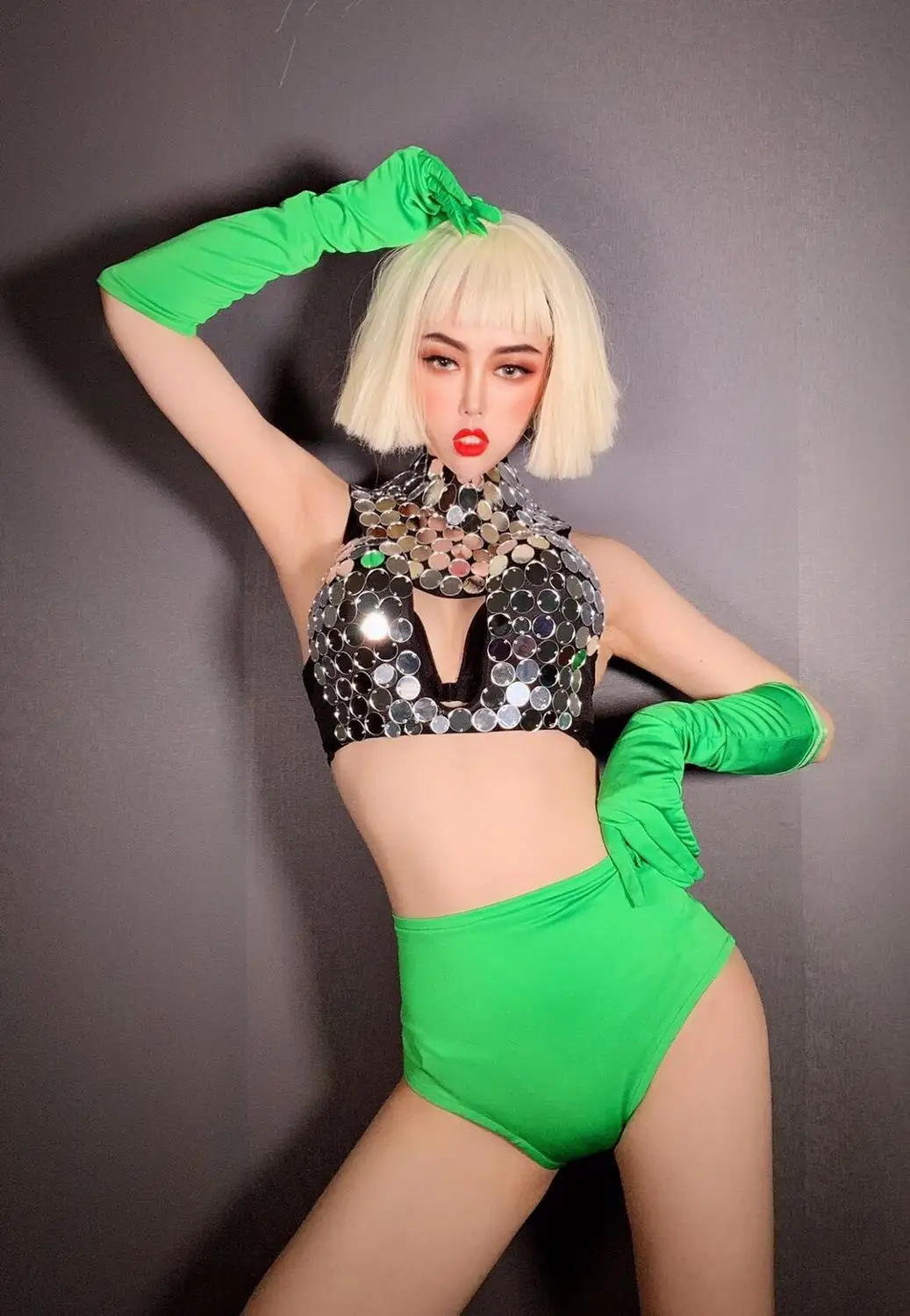 

Sexy stage dance costume women party girl nightclub show mirror bra top green gloves jazz dancer wear