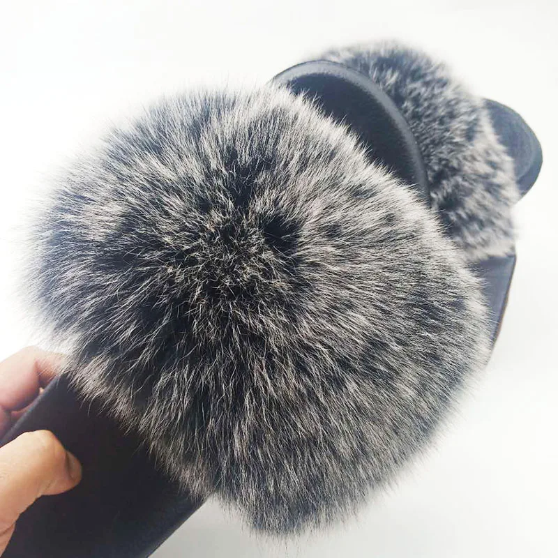 Fur Slippers Women Fox Home Fluffy Sliders Comfort With Feathers Furry Summer Flats Sweet Ladies Shoes Size 45 Home Real fox fur - Цвет: Black Gray